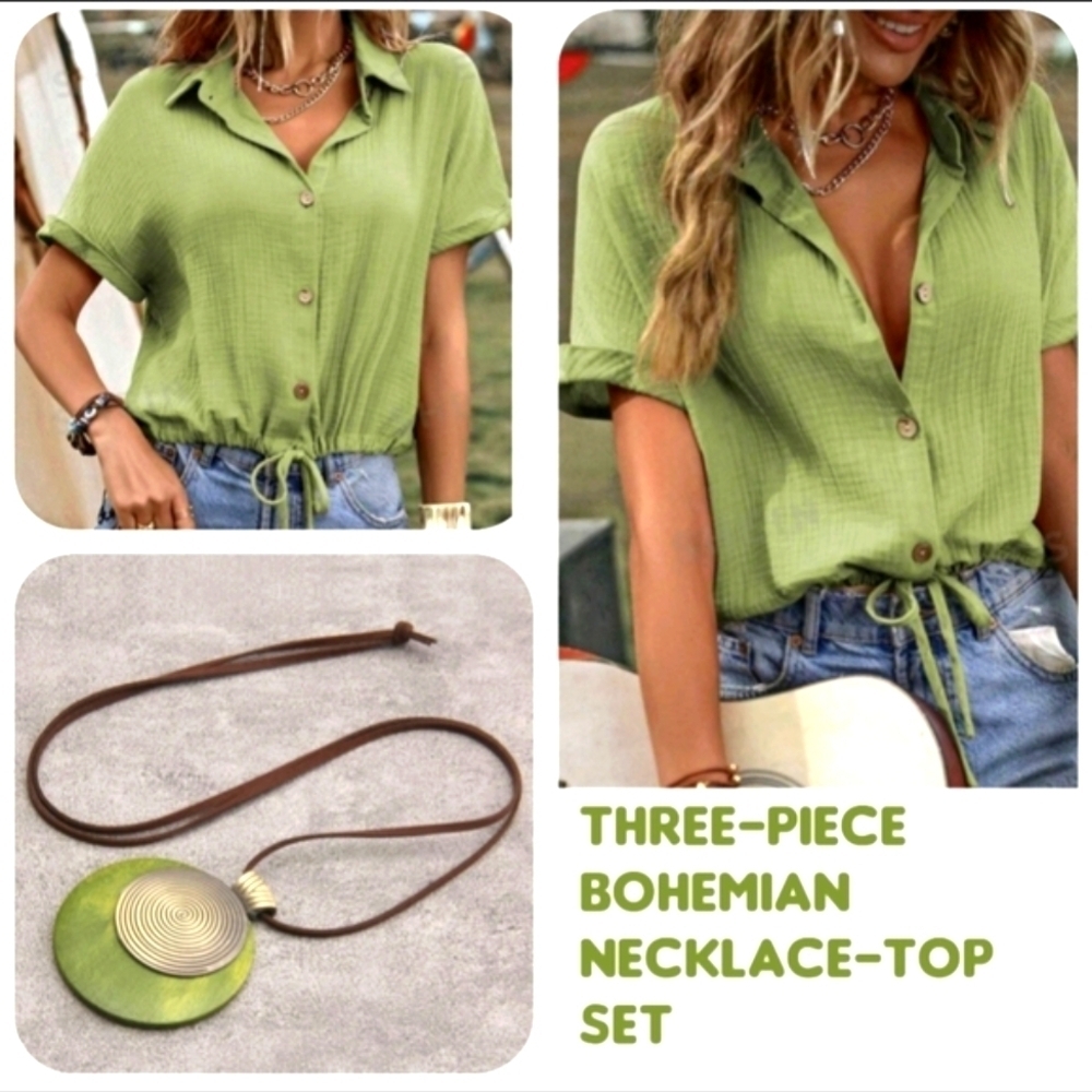 Green Top with Jewelry Necklace Earrings Matching Set Avocado Green Outfit - Picture 4 of 11